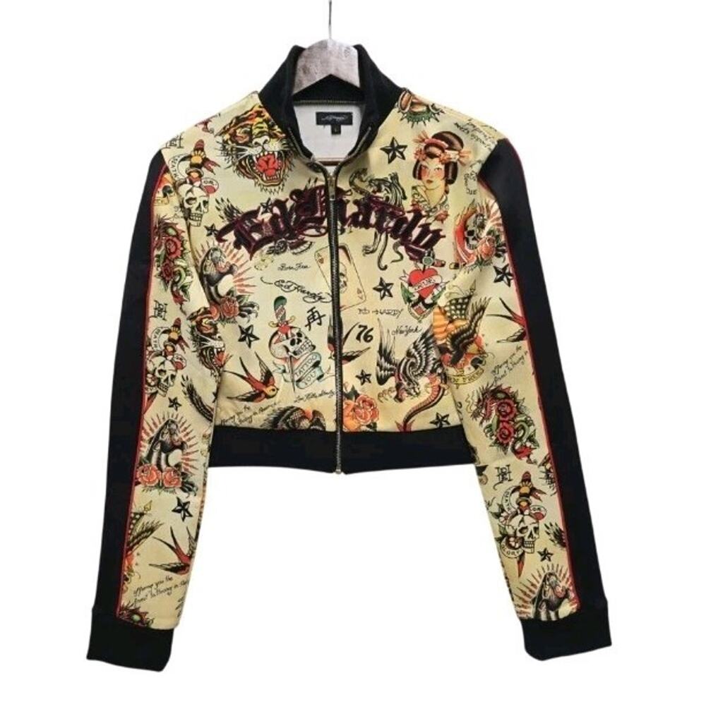 Ed Hardy Women's L Cropped Track Jacket All Over Print Tattoo Bomber Y2K Style